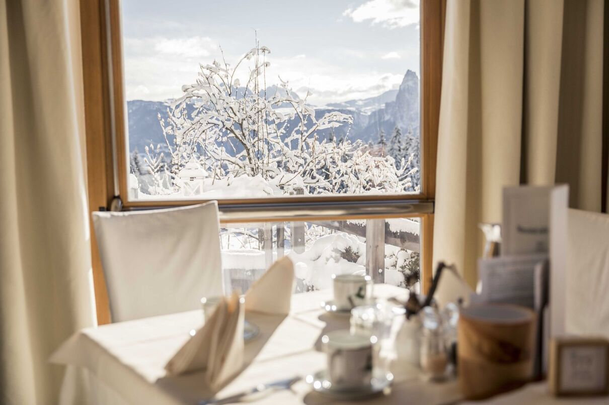 blick in die winterlandschaft beim fruehstueck hotel tann